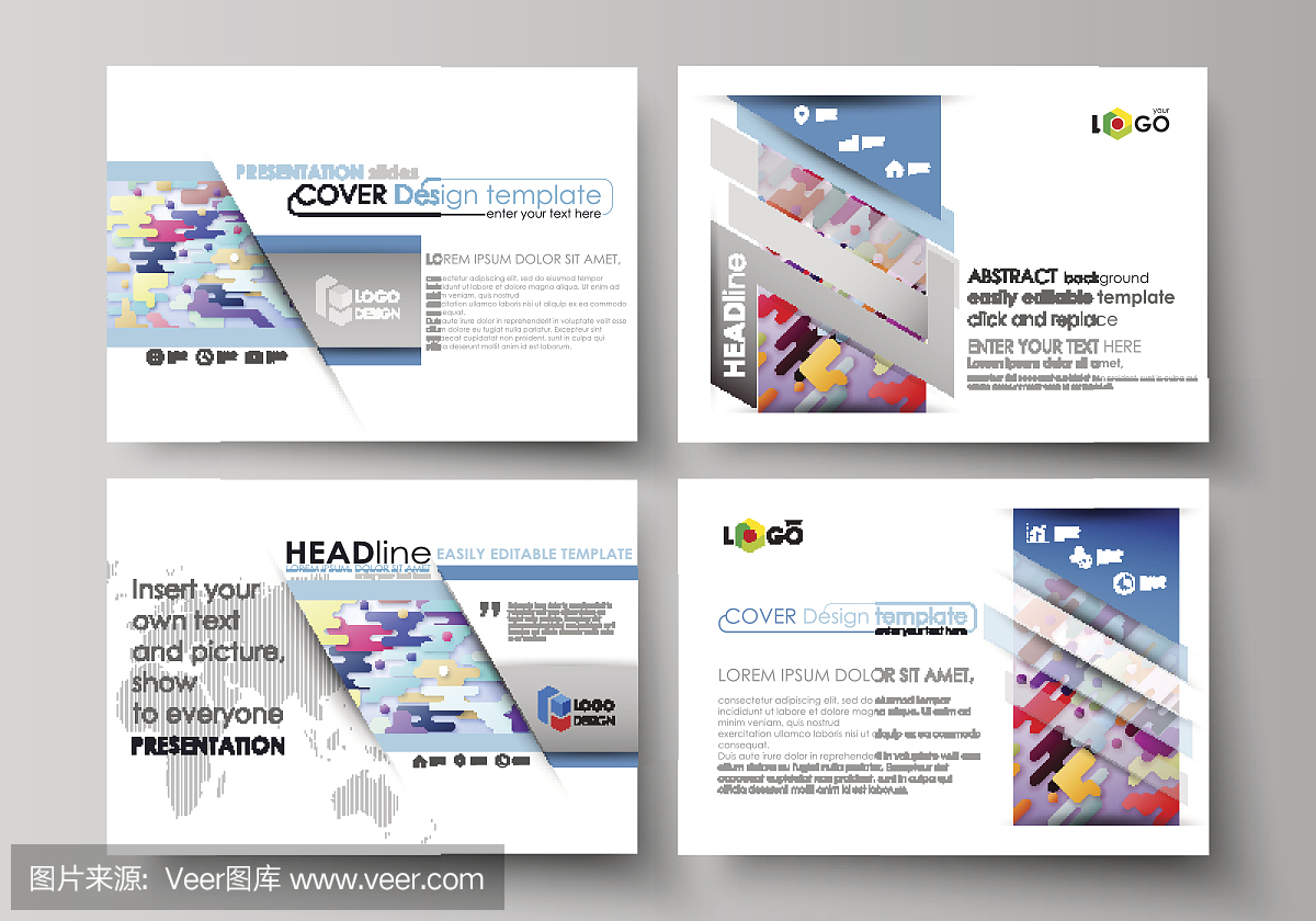 演示幻燈片的業務模板。抽象矢量設計布局。明亮的顏色線條和點,豐富多彩的極簡主義背景與幾何形狀形成美麗的極簡主義背景