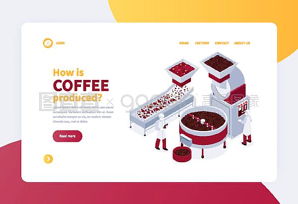 等距概念橫幅與咖啡生產過程3D矢量插圖
